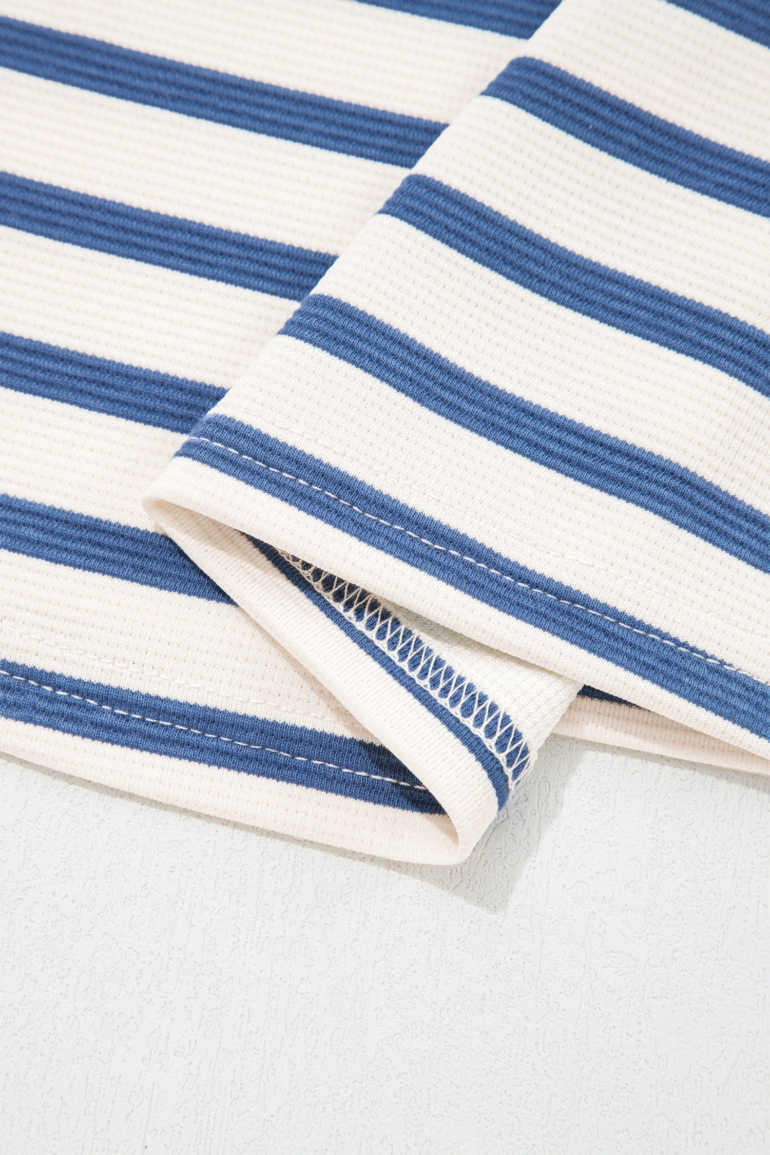 Blue Stripe Short Puff Sleeve Color Block Polo Collar Blouse