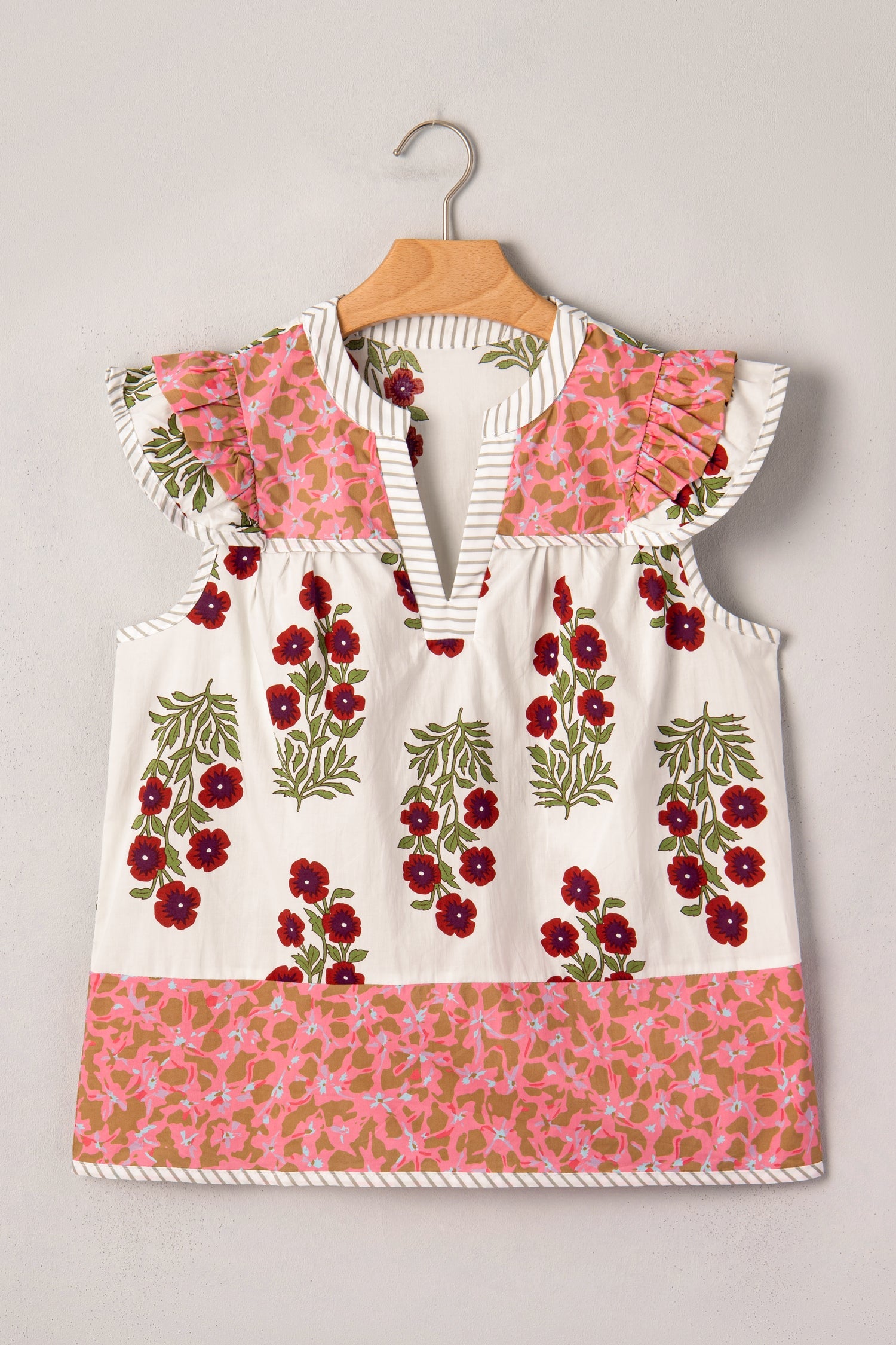 White Floral Print Contrast Striped Trim Flutter Cotton Blouse