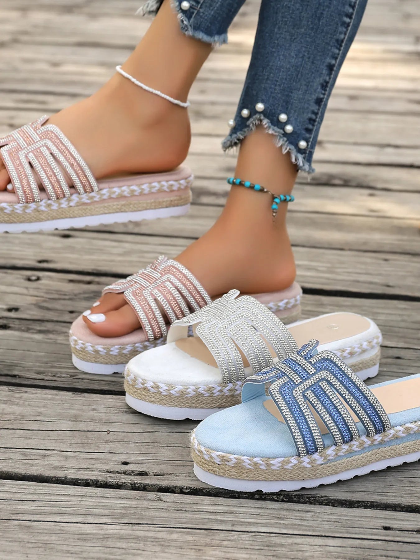Rhinestone Embellished Platform Espadrille Sandals