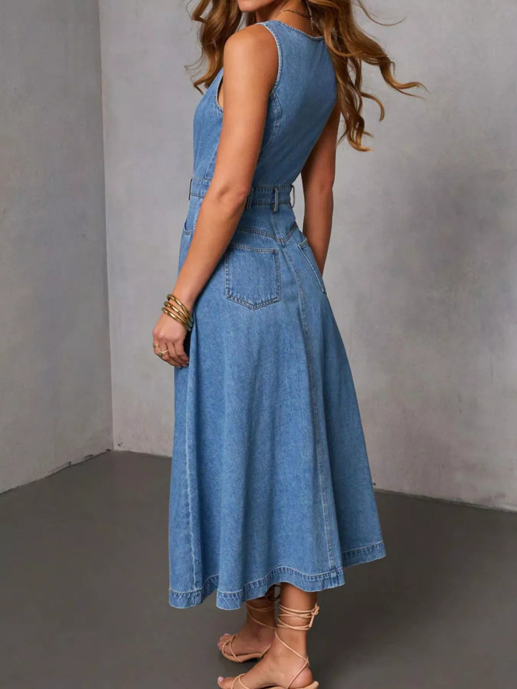 Sleeveless Button-Down Denim Midi Dress