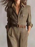 Plaid Long Sleeve Button Front Jumpsuit