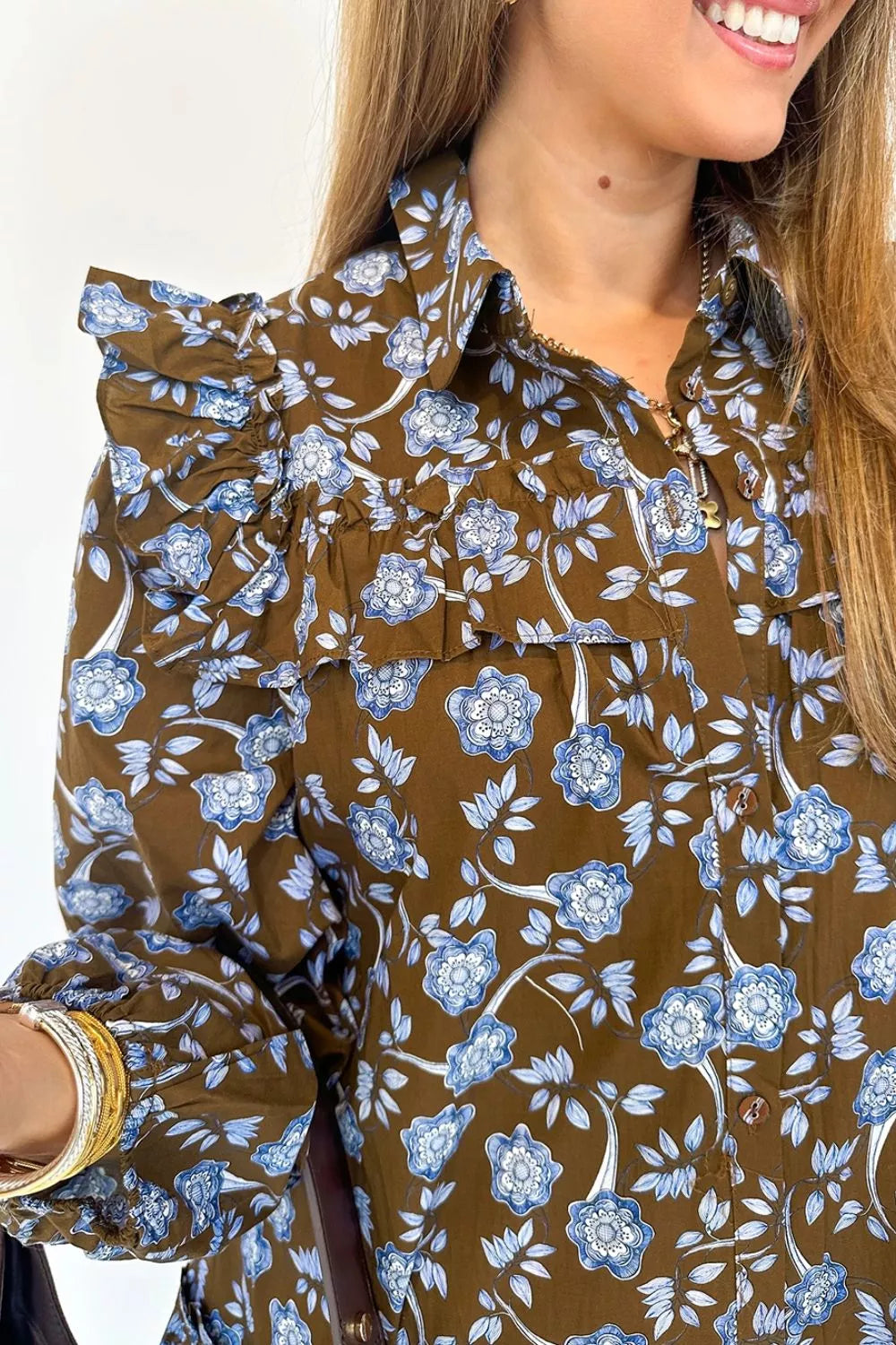 Floral Print Ruffled Detail Shirt Collar Button Down Long Sleeve Dress