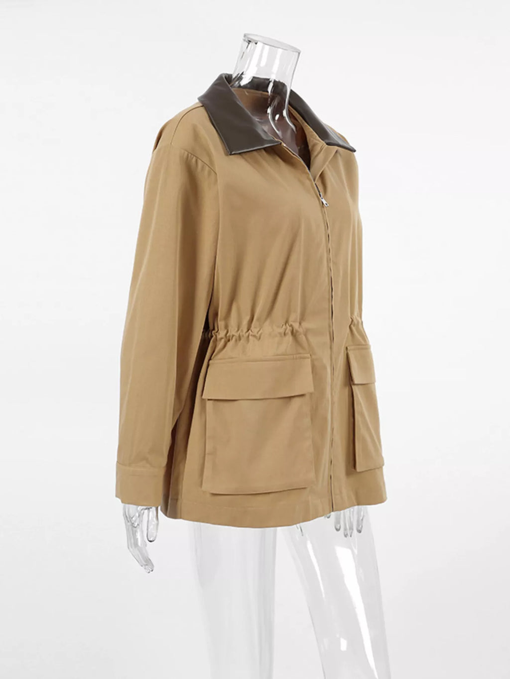 Oversized Contrast Collar Jacket with Drawstring Waist