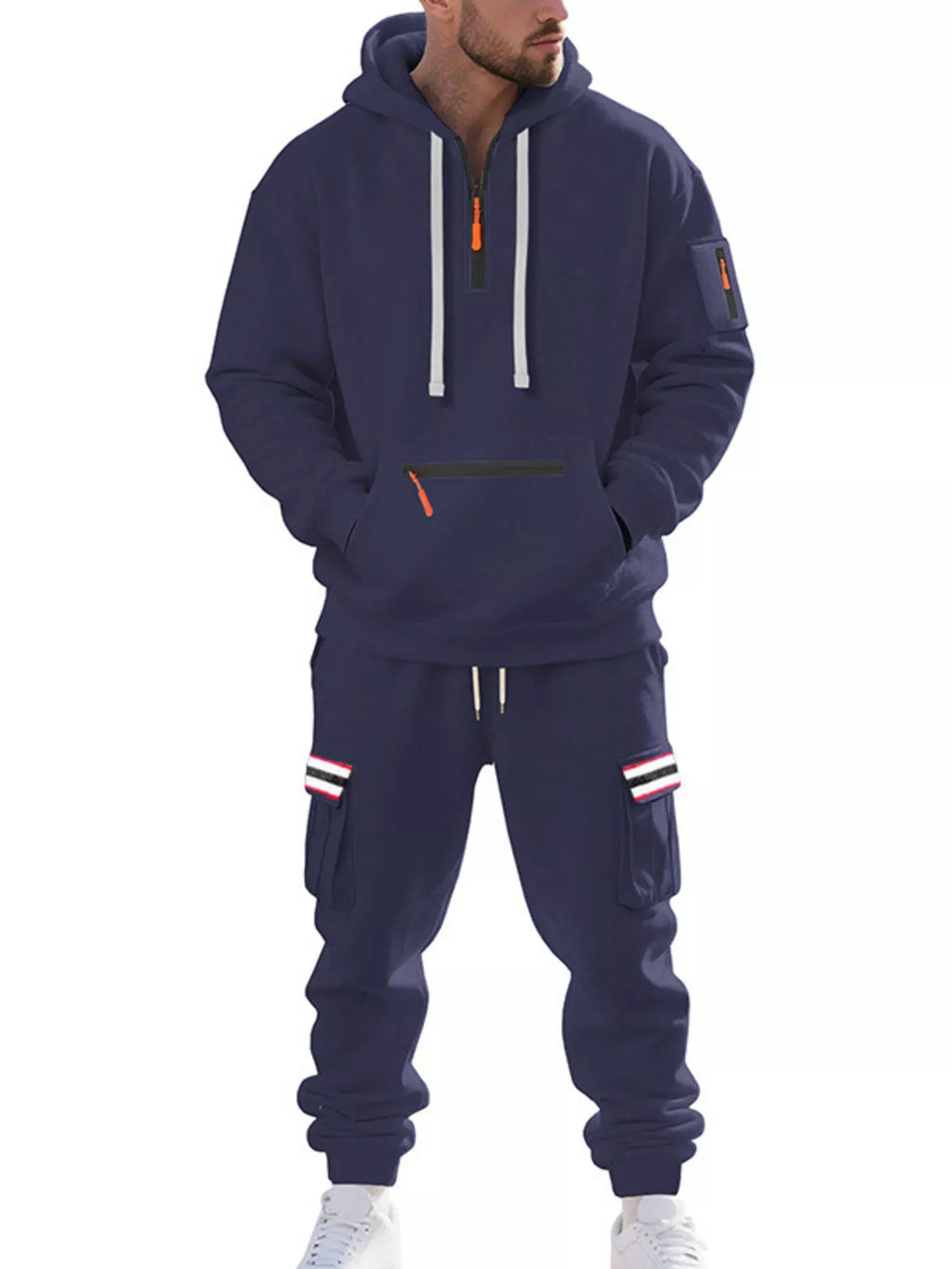 Men's Full Size Casual Half-Zip Hoodie and Cargo Pants Set Plus Size