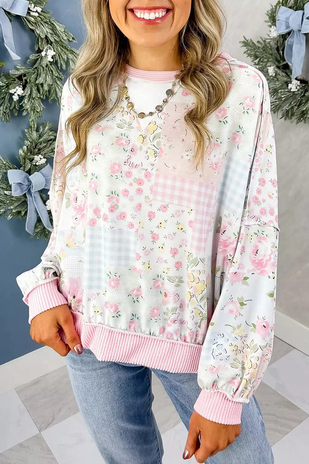 Twisted Ribbed Trim Floral Print Patchwork Long Sleeve Top