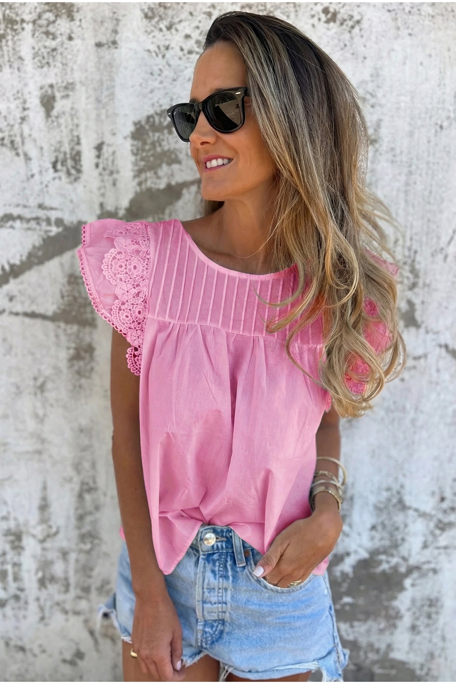 Bonbon Lace Detail Flutter Sleeve Pleated Round Neck Blouse