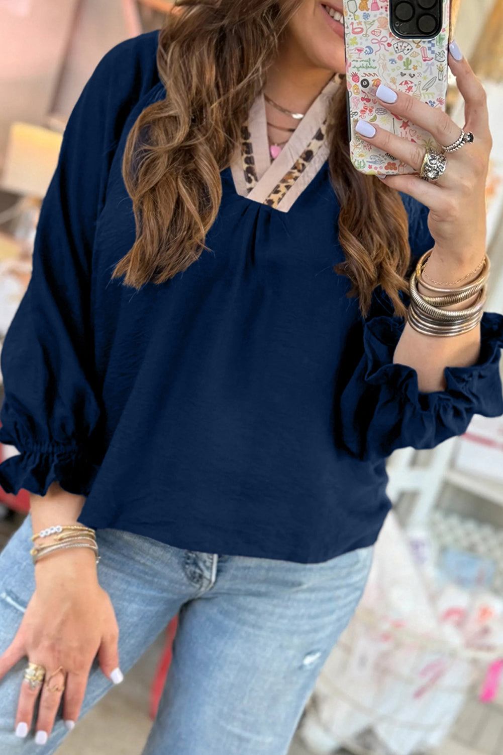 Dirty blue Leopard Trim V Neck Flounced Bracelet Sleeve Blouse