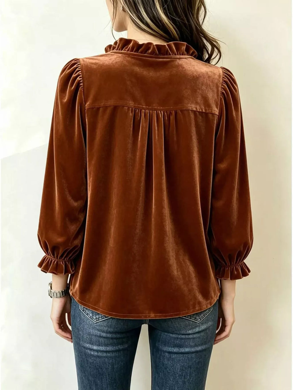 V-Neck Ruffled Velvet Button Down Blouse