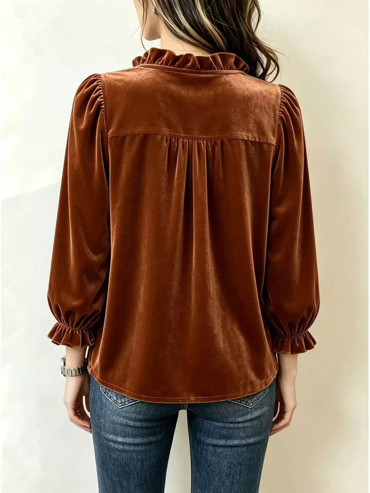 V-Neck Ruffled Velvet Button Down Blouse