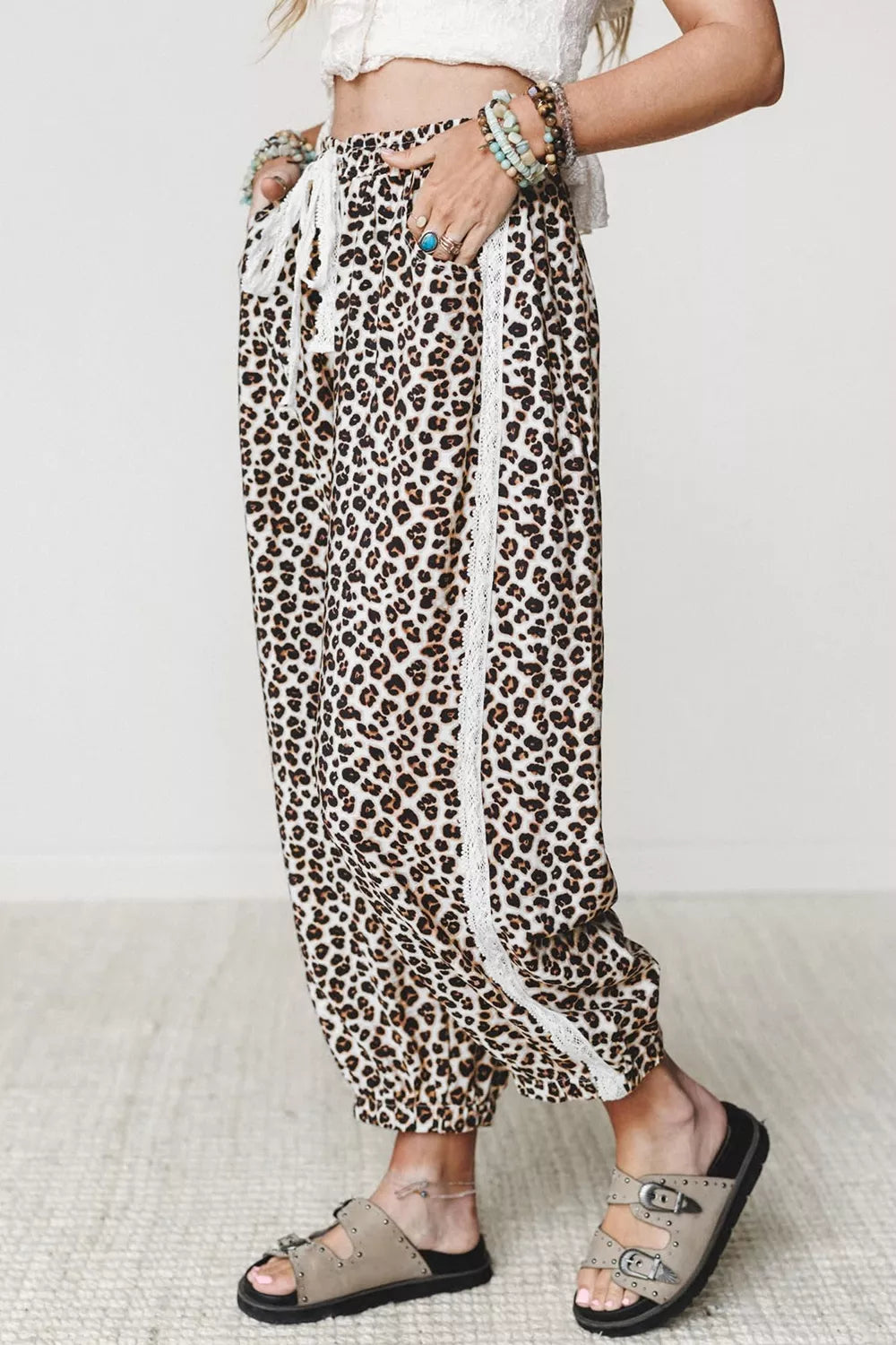 Leopard Print Ankle-Length Elastic Waist Pants