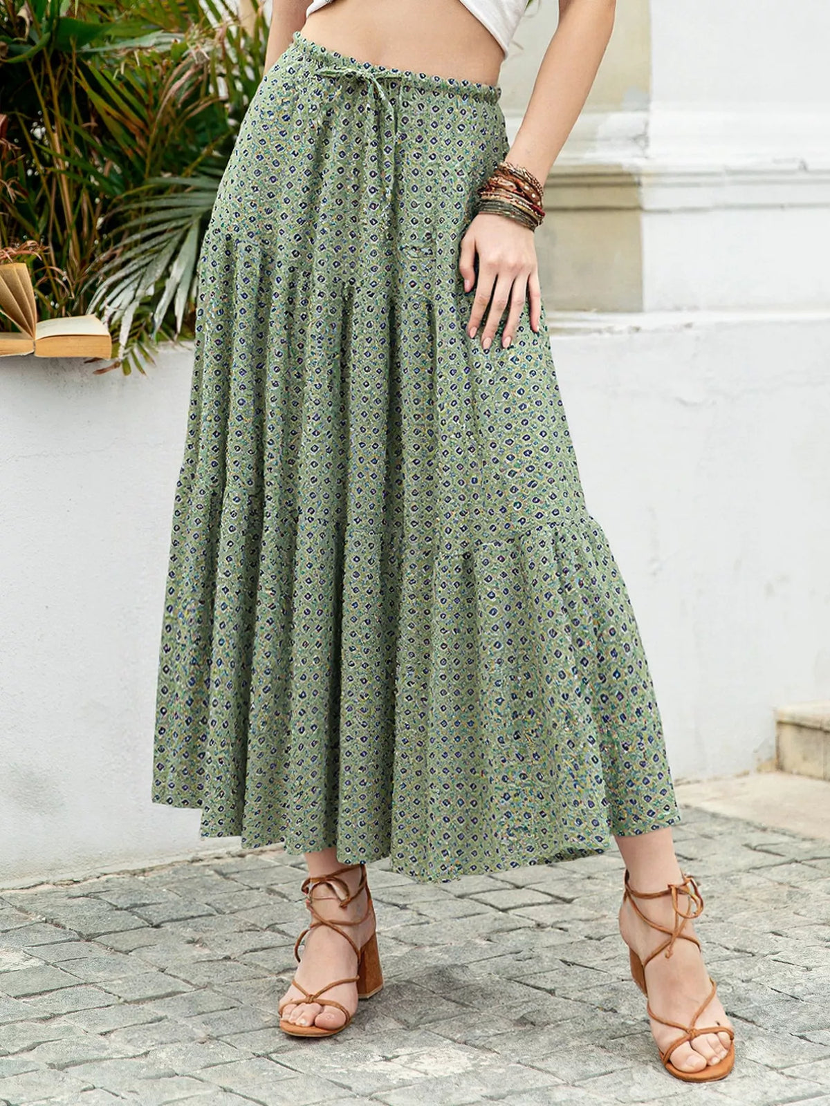 Boho Print Tiered Maxi Skirt