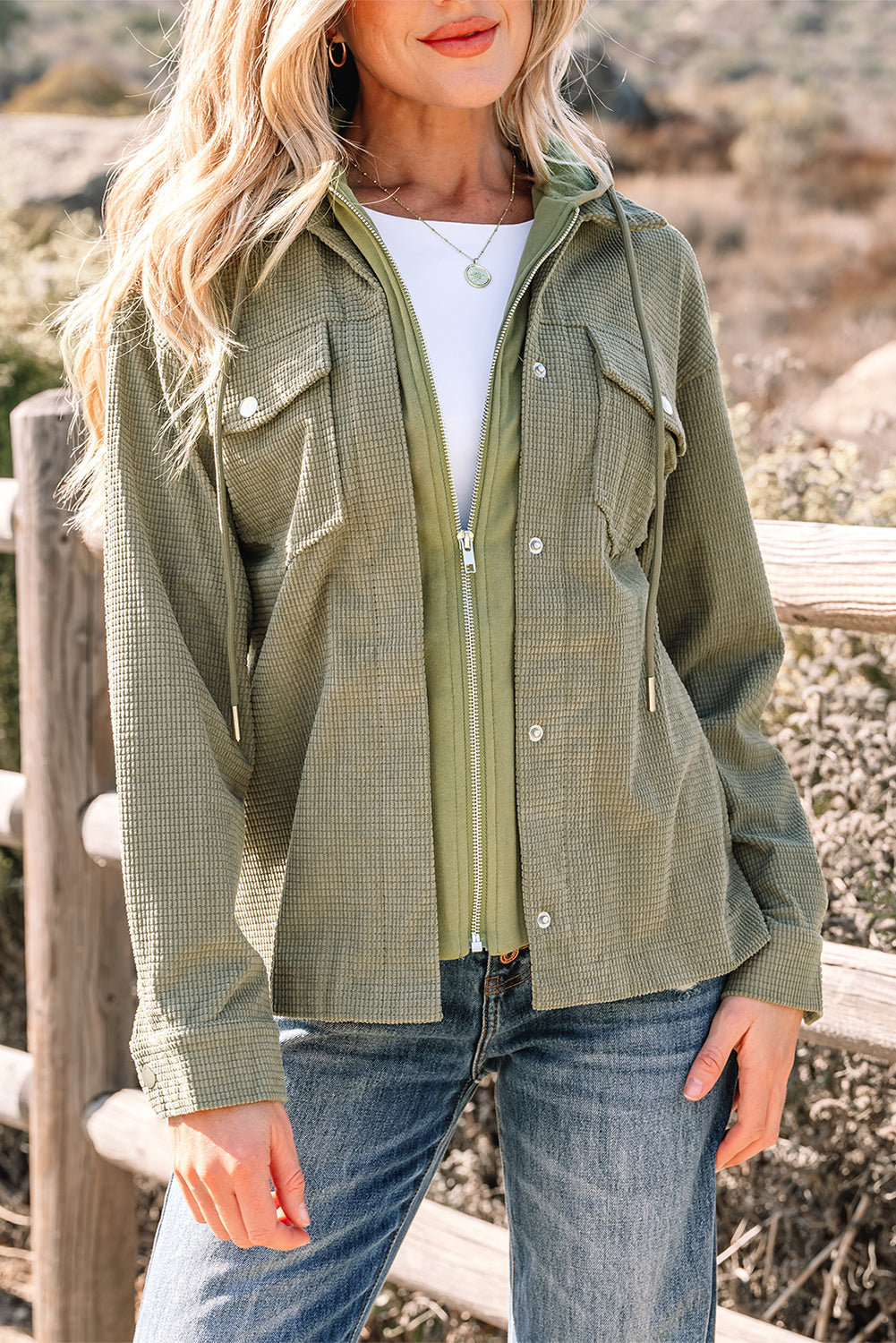 Textured Knit Pocketed Drawstring Hooded Jacket