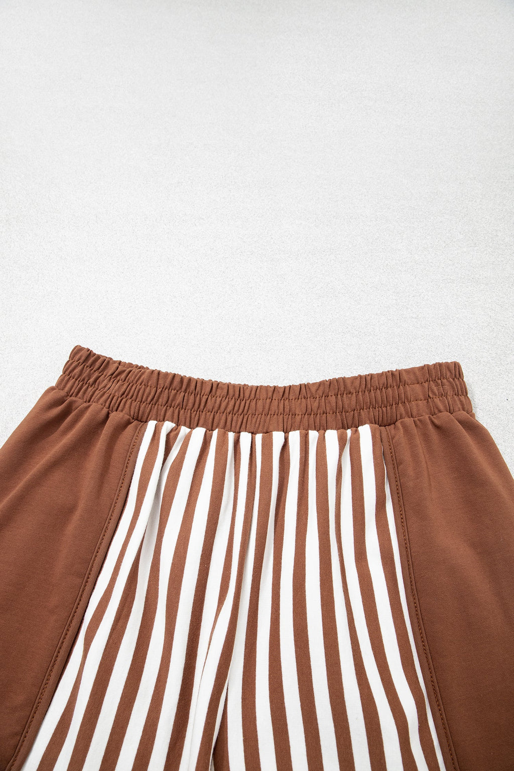 Brown Stripe Color Block Patchwork Quarter Zip Pullover Sporty Shorts Set