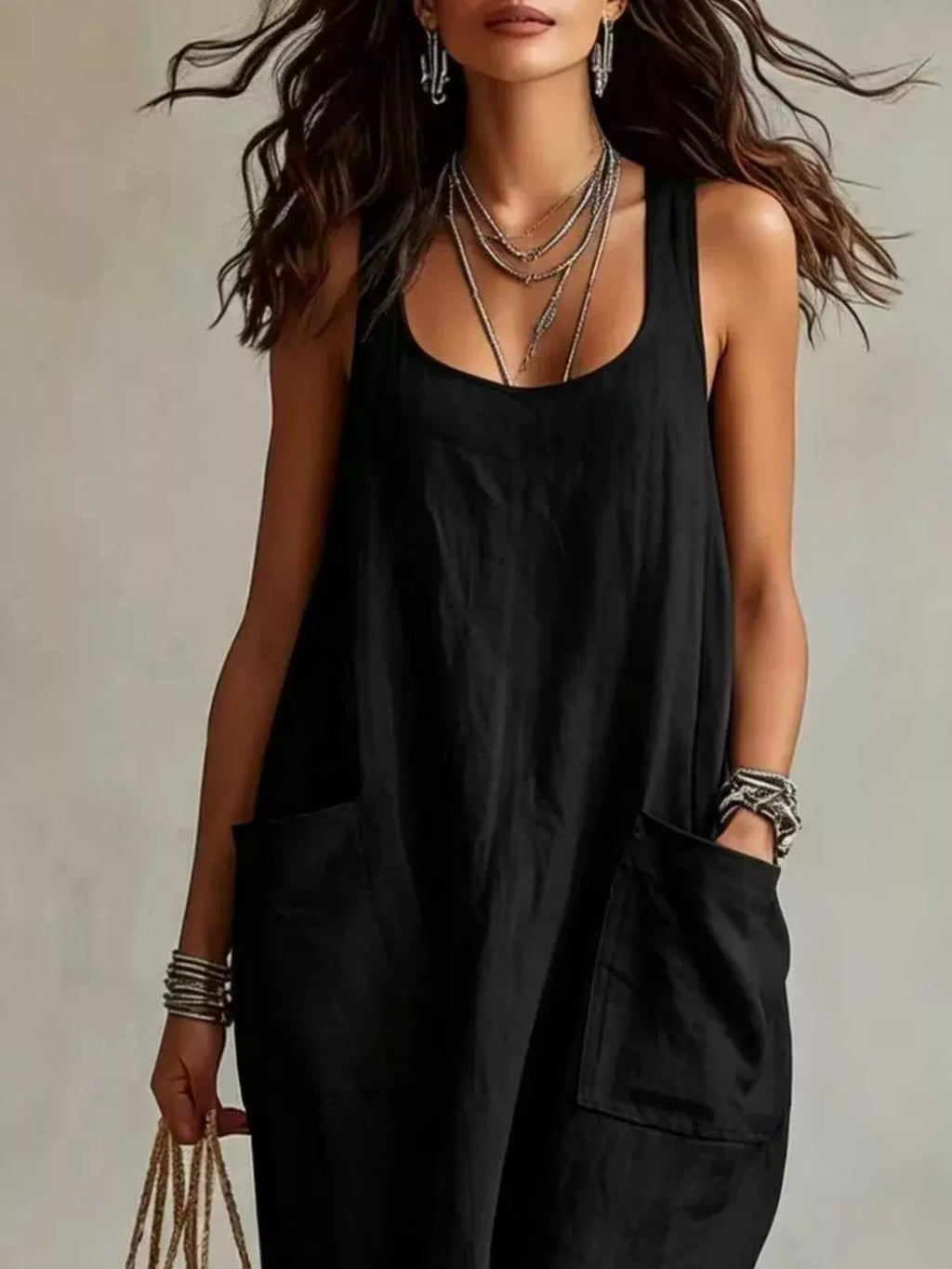 Scoop Neck Sleeveless Maxi Dress with Pockets