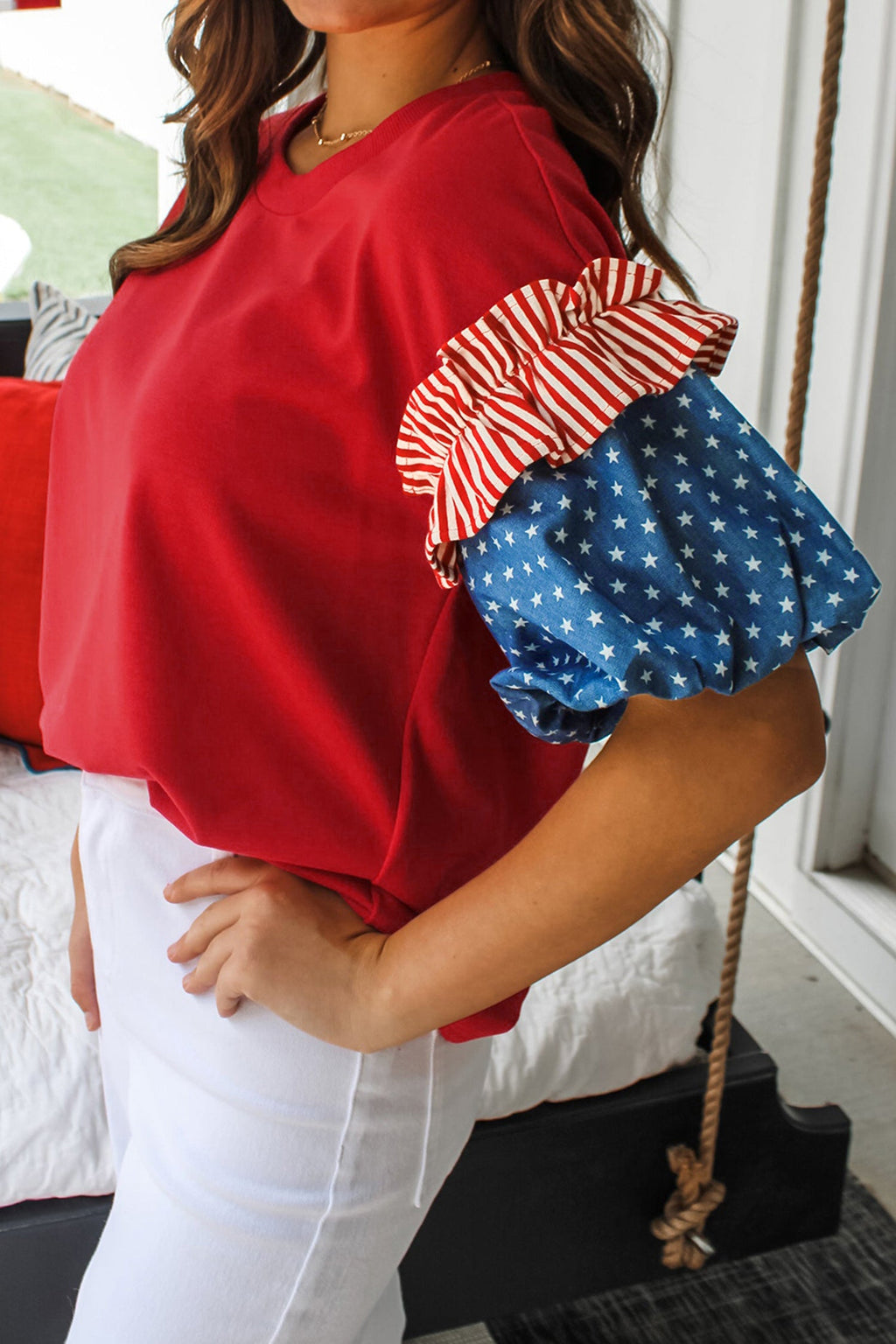Fiery Red Plus Size Striped Ruffles Star Short Bubble Sleeve Patchwork Top