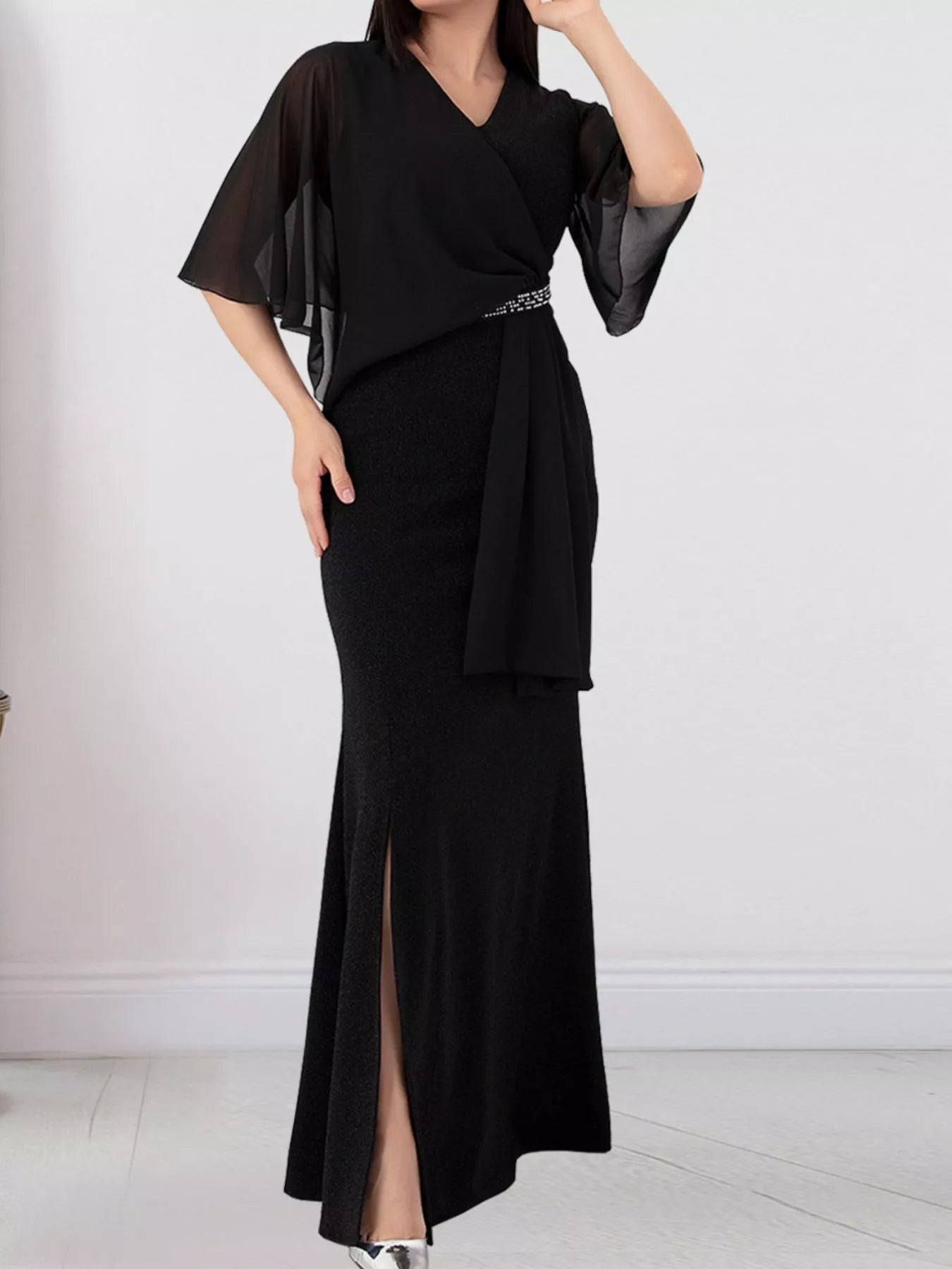 Slit Flutter Sleeve Maxi Dress