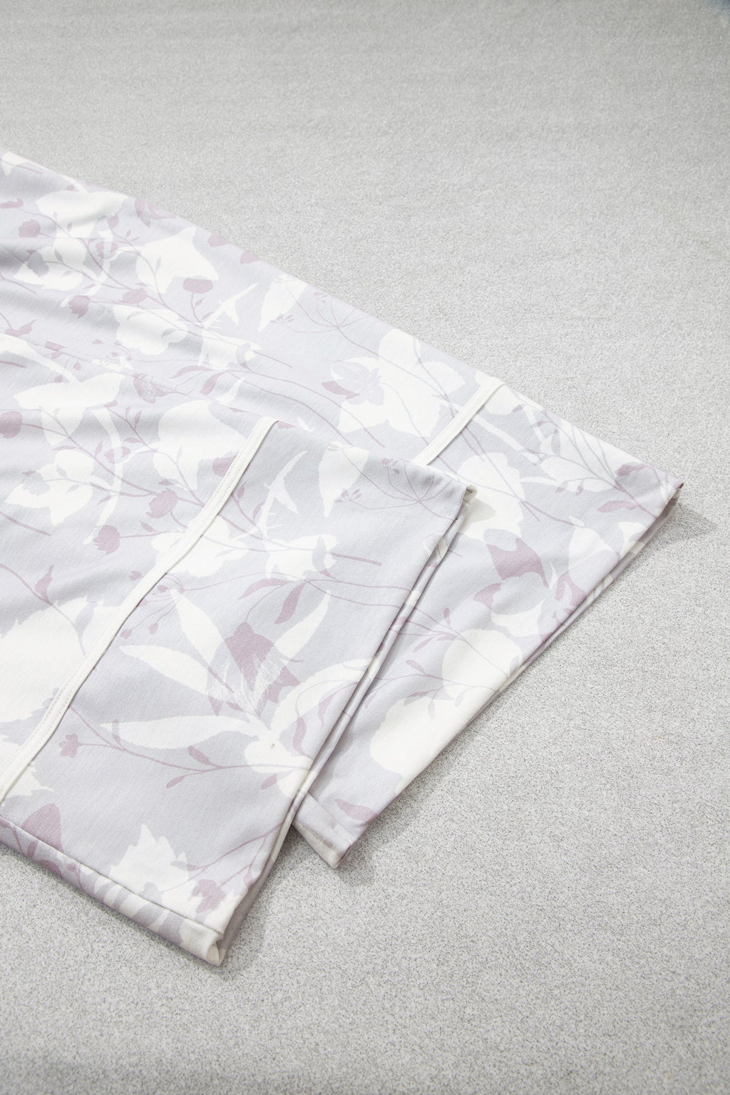 Gray Floral Print Wide Leg Ankle-Length Elastic Waistband Pants