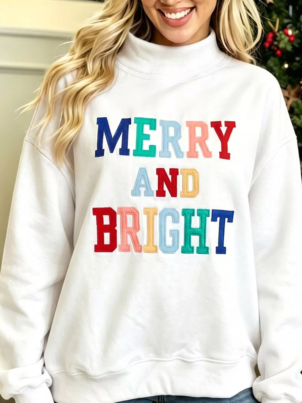 MERRY AND BRIGHT Stitched Letter Pattern Mock Neck Sweatshirt