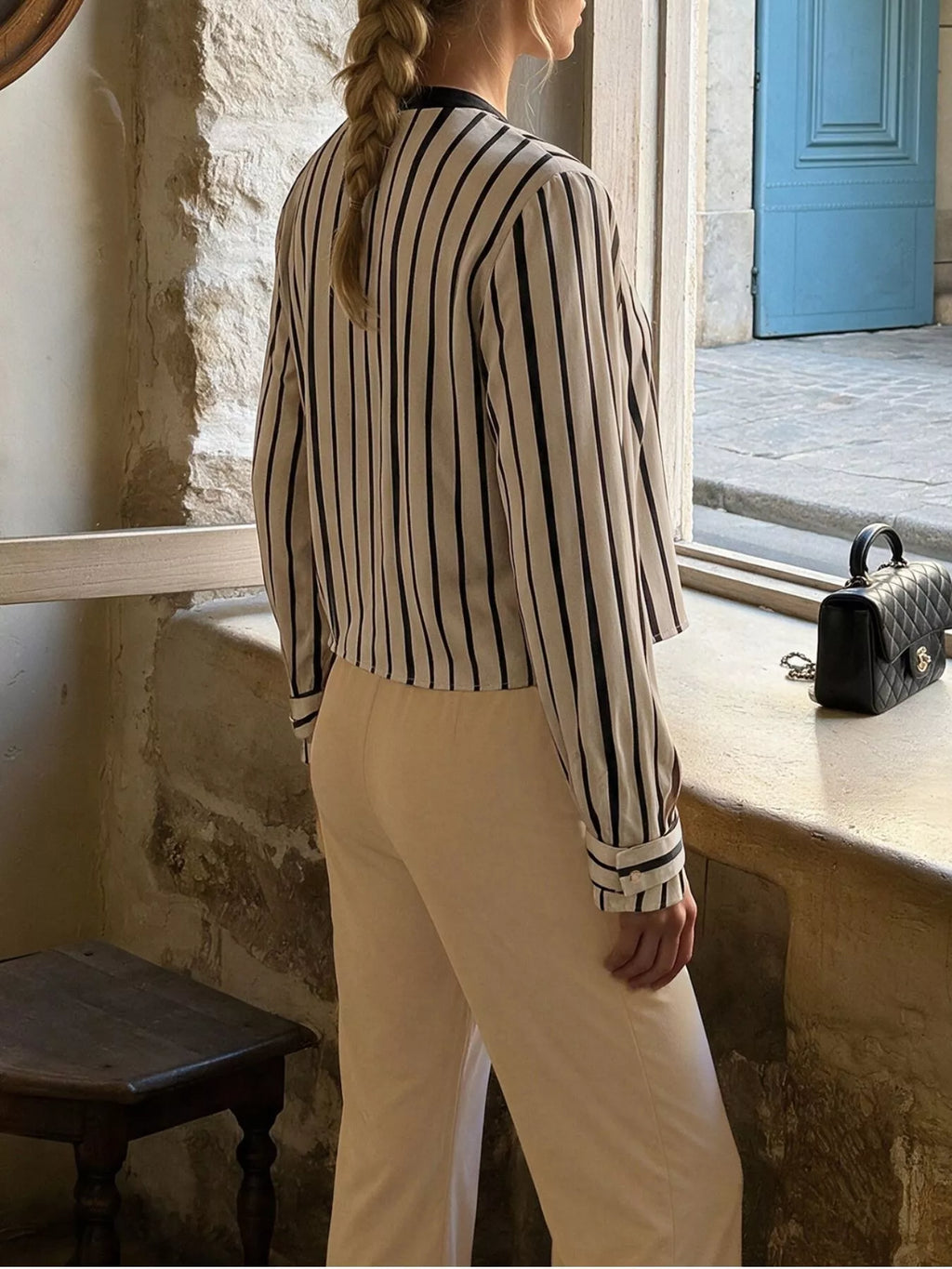 Striped Button-Down Shirt and High-Waisted Flare Pants Set