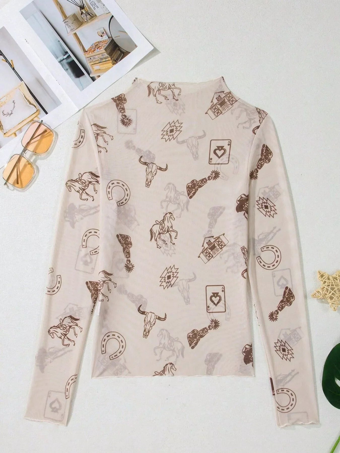 Printed Mesh Long Sleeve Slim Fit Top