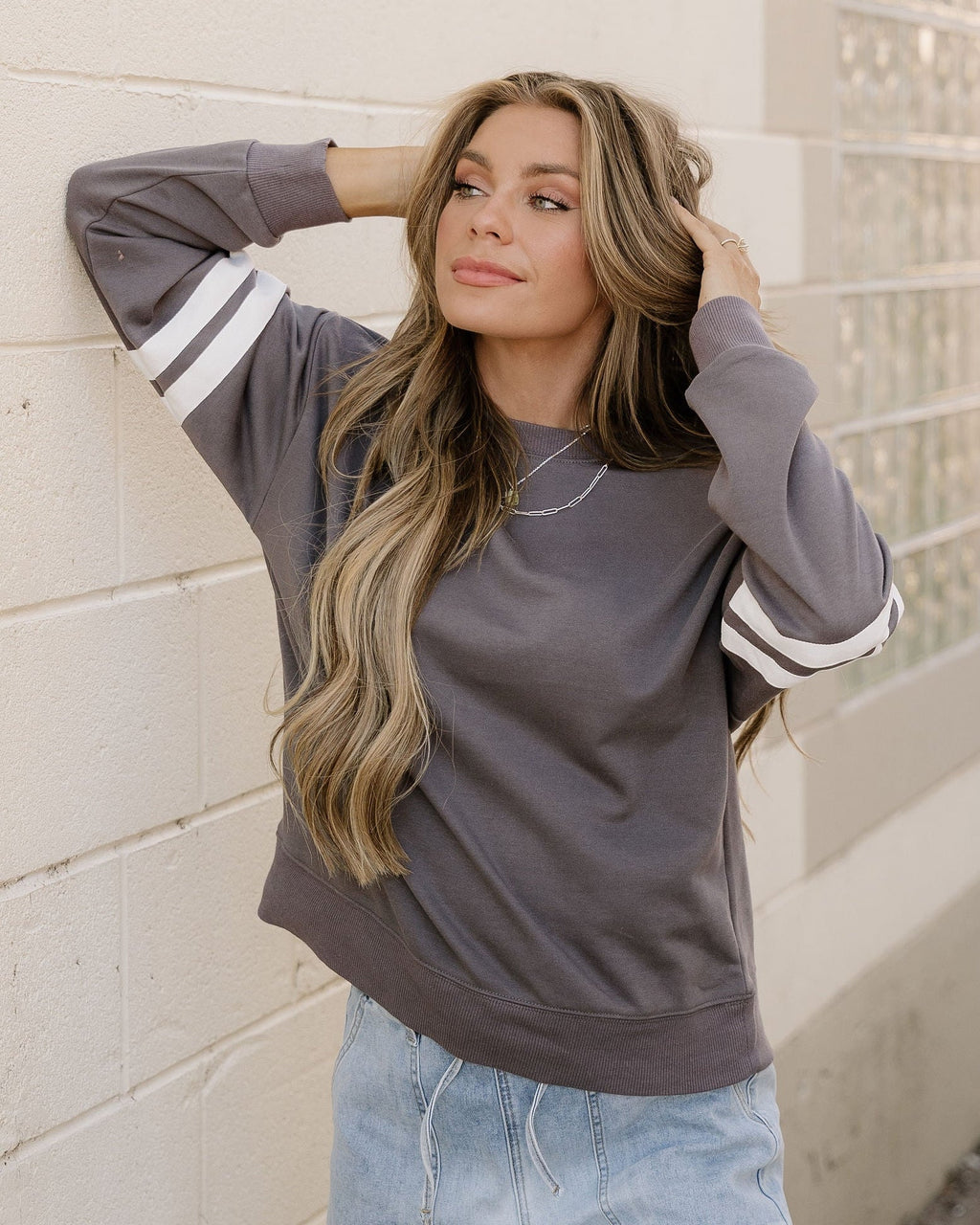 Varsity Striped Sleeve Loose Sweatshirt - Dark Gray