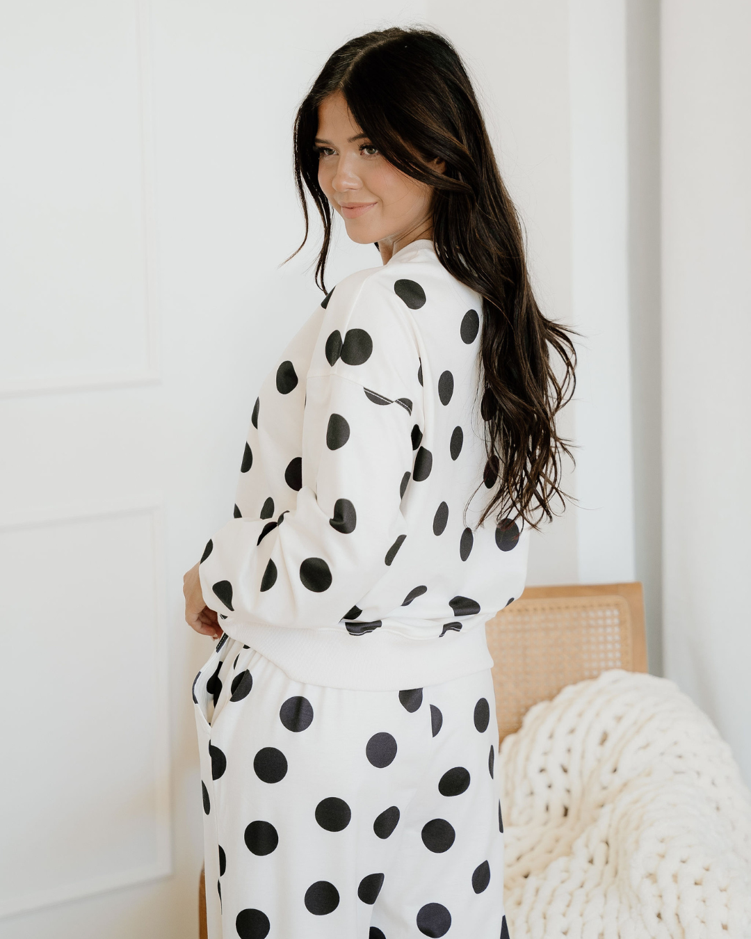 Polka Dot Print Drop Shoulder Pullover Drawstring Jogger Pant Set - Beige