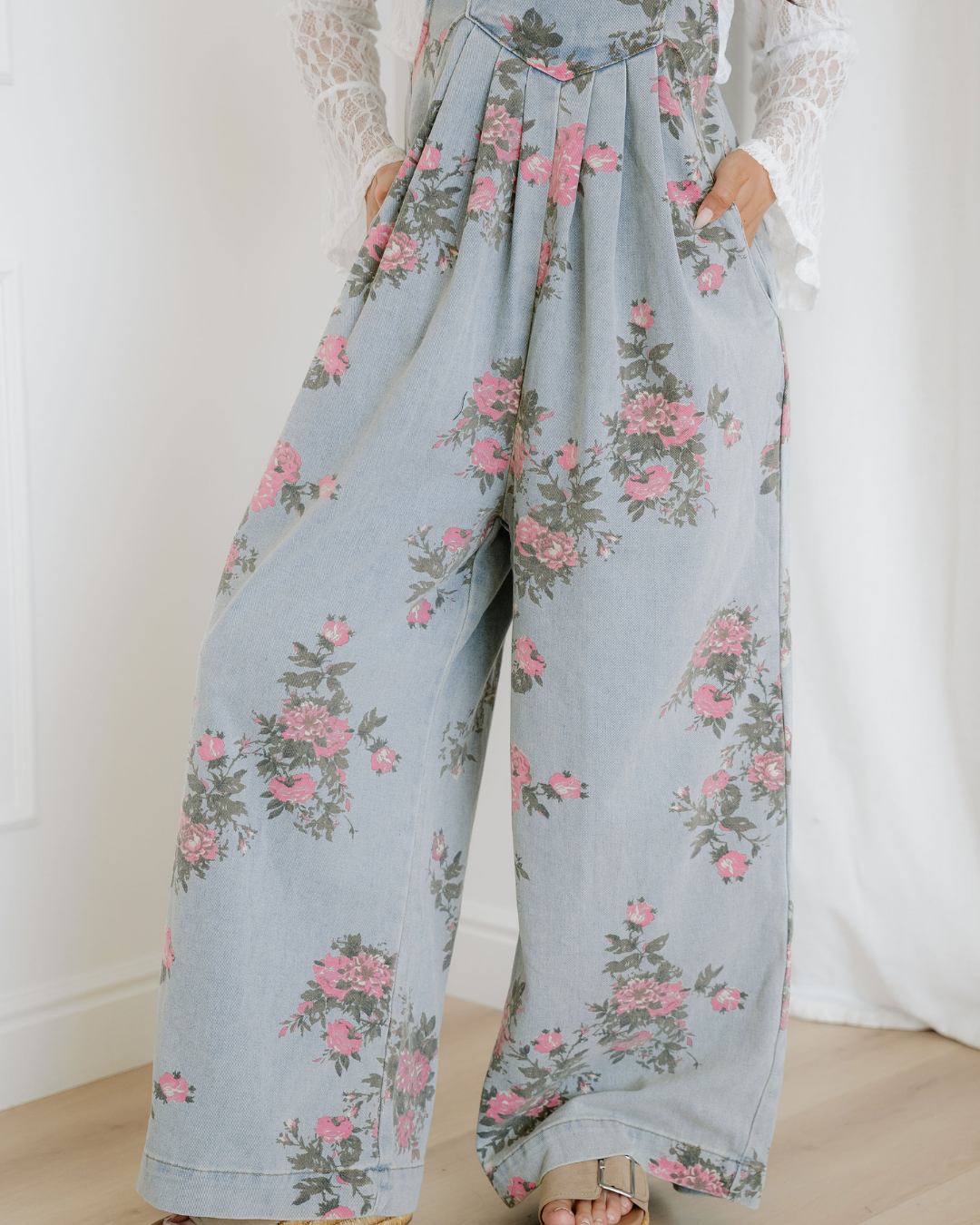 Floral Pleated Wide Leg Denim Overalls