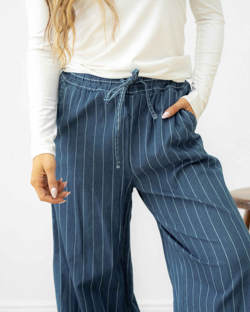Emilia Wide Leg Waist Pants - Dark Blue