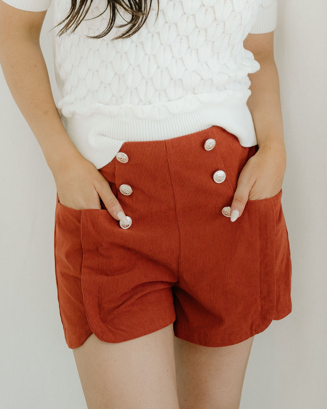 Sienna Button Decor Scalloped Edge High Waist Corduroy Shorts