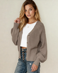 Jane Mixed Texture Knit Button V Neck Sweater Cardigan - Brown