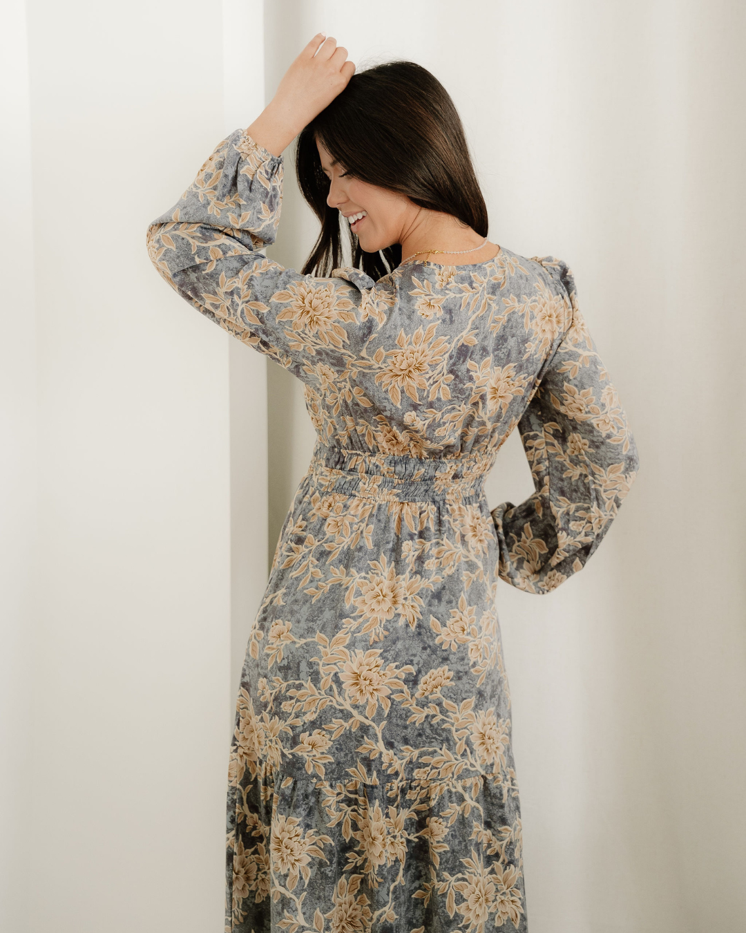 Brianna Floral Print Smocked High Waist Long Sleeve Maxi Dress - Blue