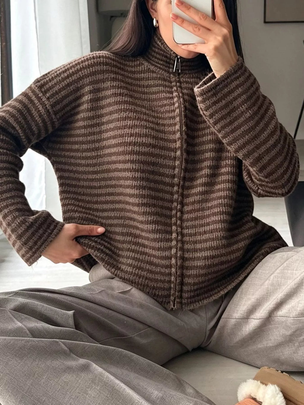 Striped Zip-Up Knit Cardigan