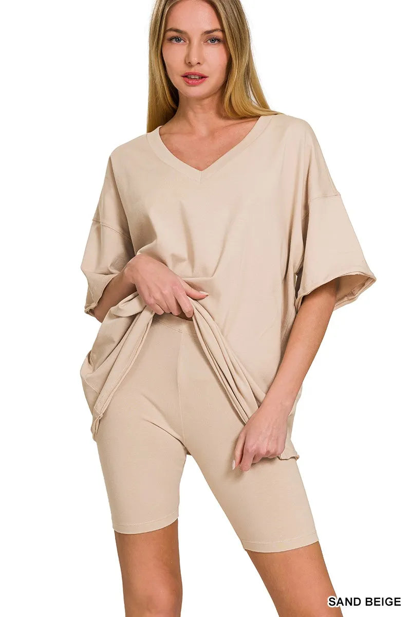 Cotton V-Neck Top and Biker Shorts Set