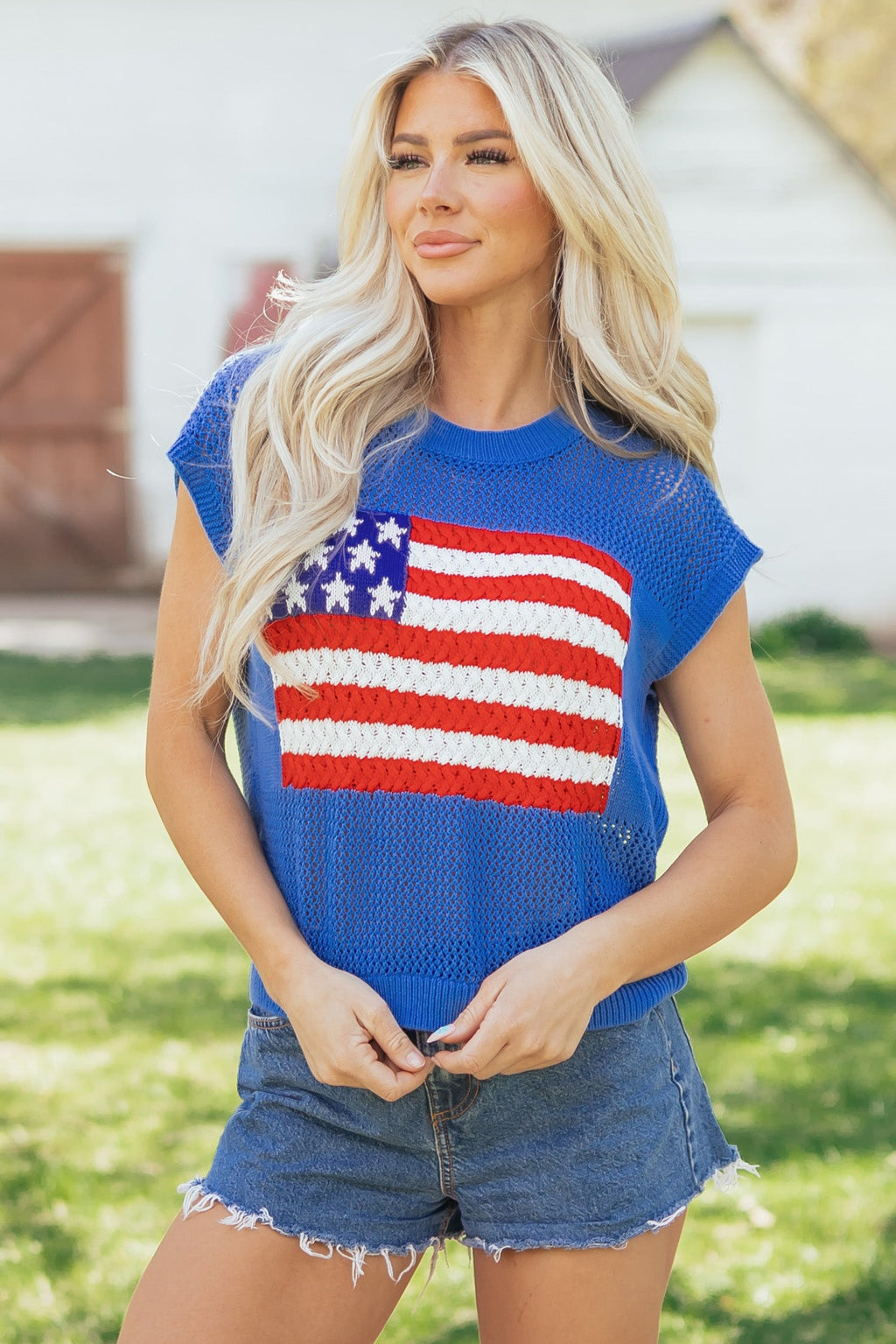 Sky Blue Flag Graphic Short Sleeve Sweater Top