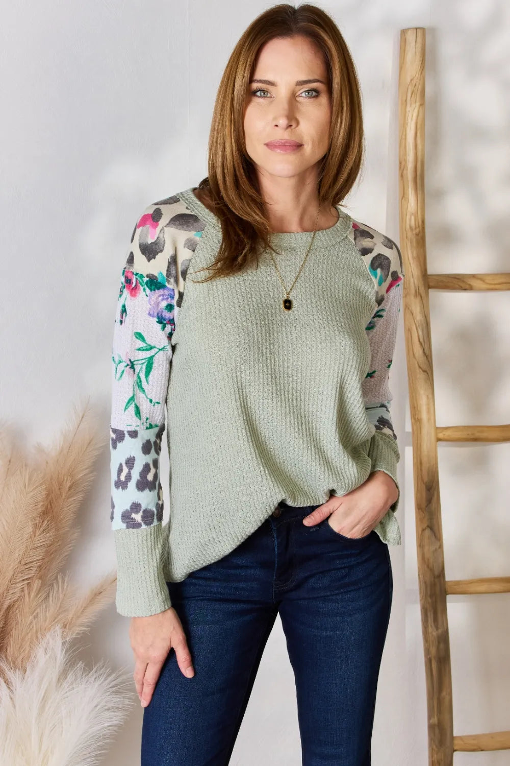 Printed Round Neck Blouse with Patchwork Sleeves