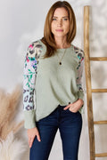 Printed Round Neck Blouse with Patchwork Sleeves