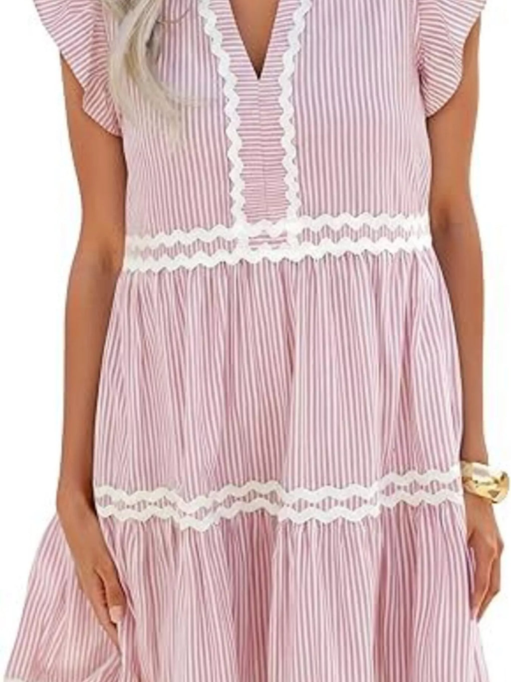 Striped Ruffle Sleeve Tiered Dress