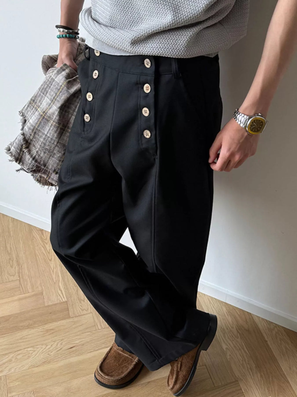 Men's  Button-Detailed Wide Leg Pants