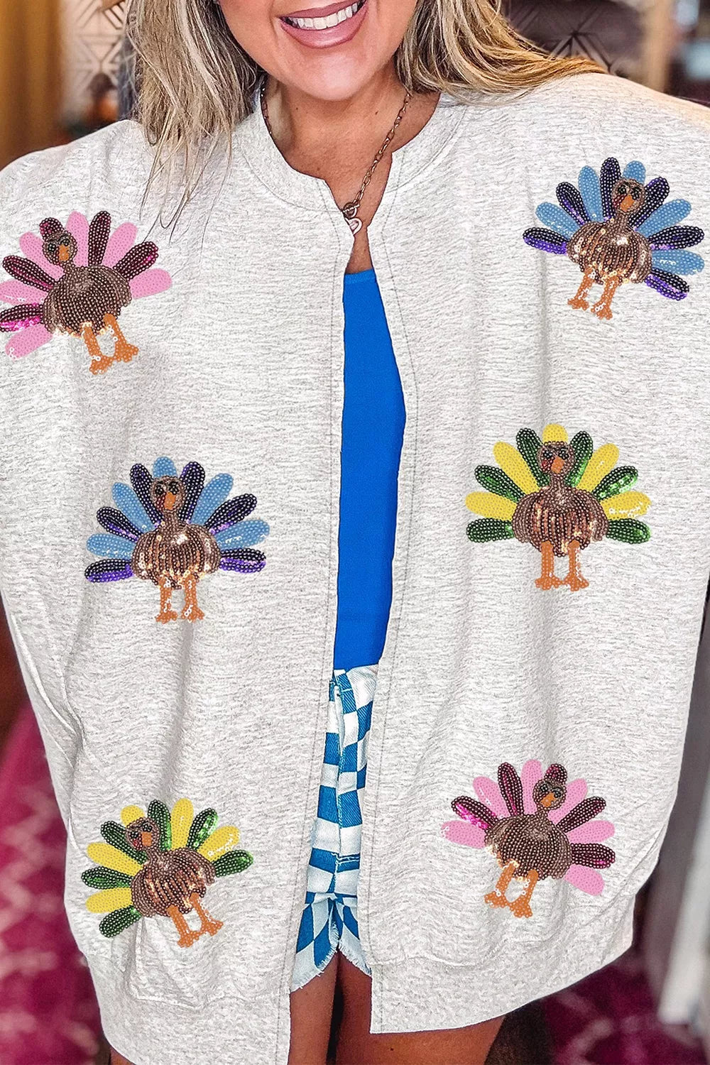 Sequin Turkey Graphic Relaxed Open Front Sweatshirt