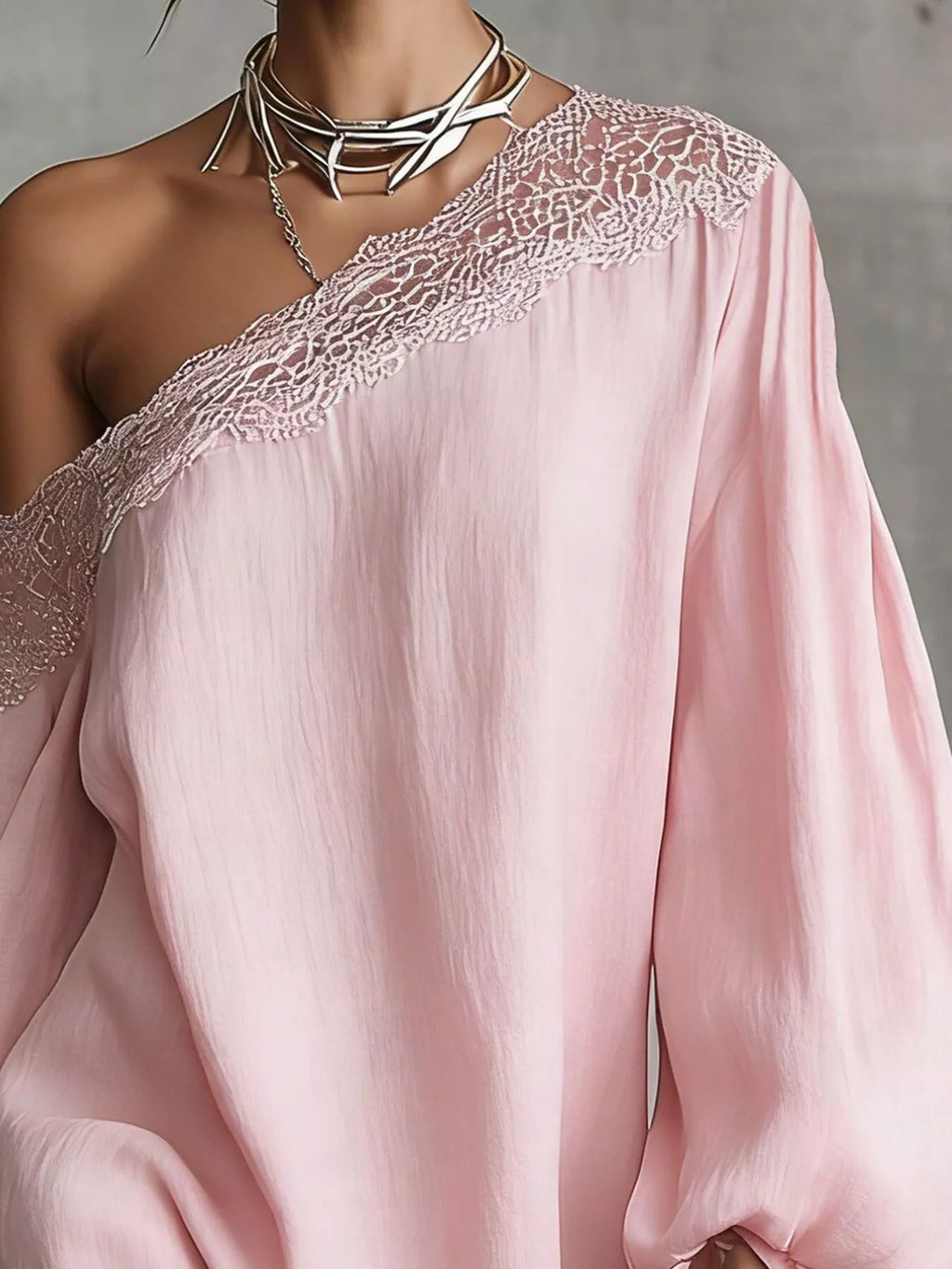 One-Shoulder Lace Trimmed Puff Sleeve Mini Dress