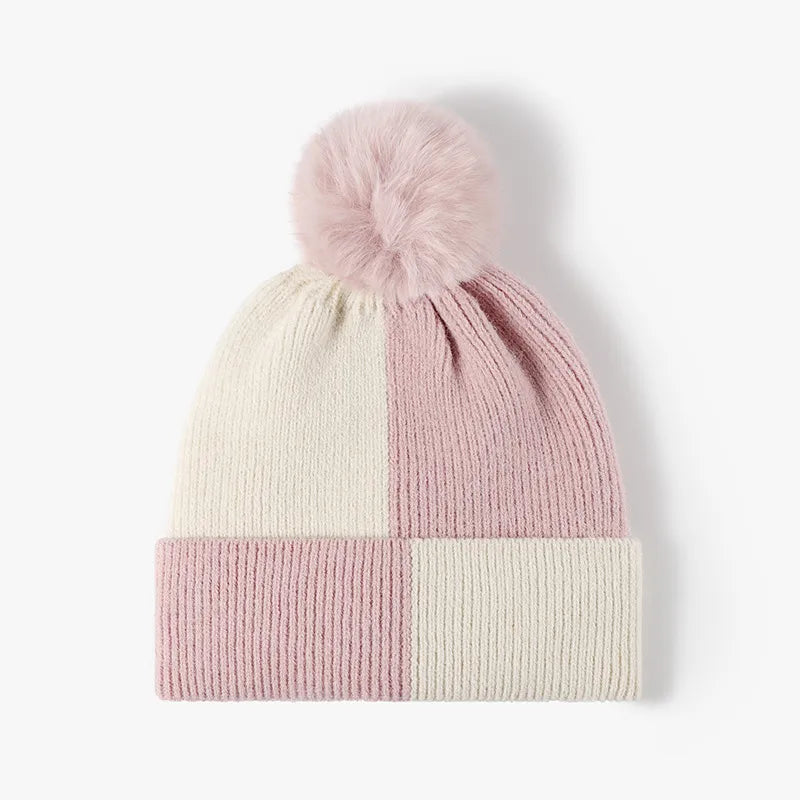 Color Block Knit Beanie with Pom-pom