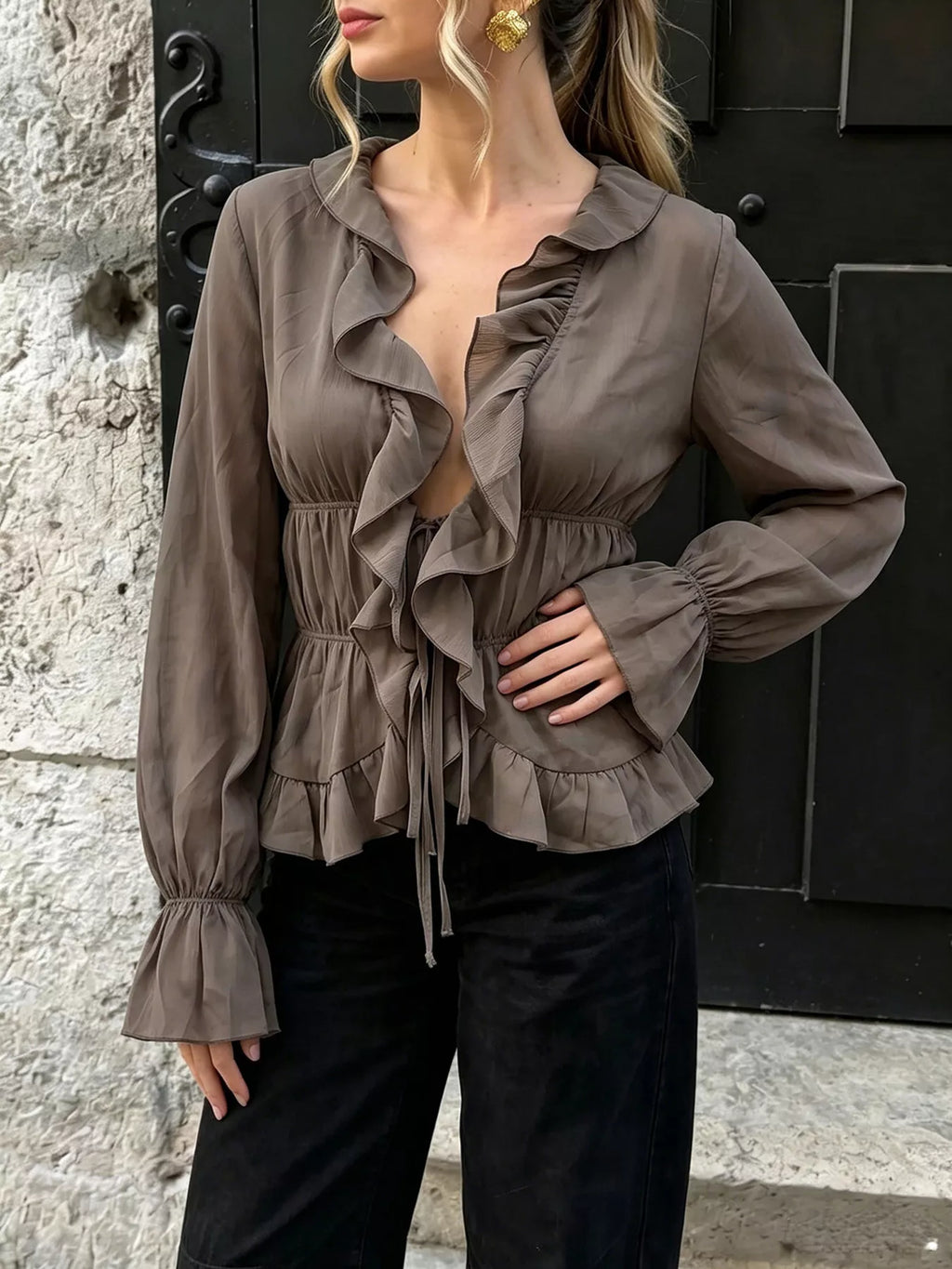 Ruffled V-Neck Long Sleeve Blouse