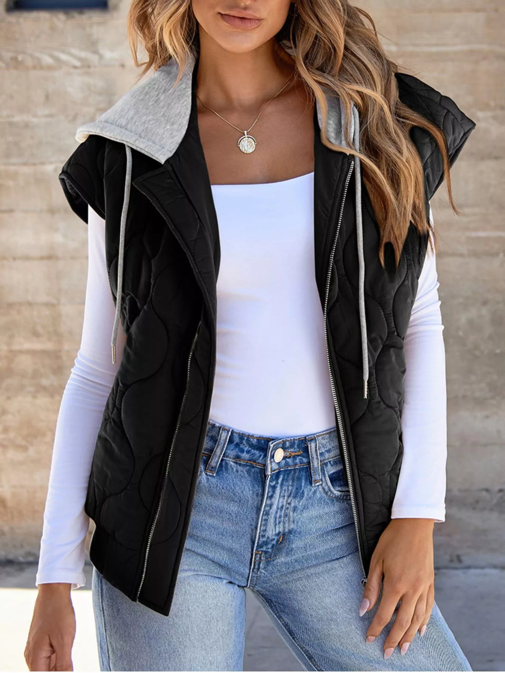 Quilted Drawstring Hooded Zip Up Puffer Vest