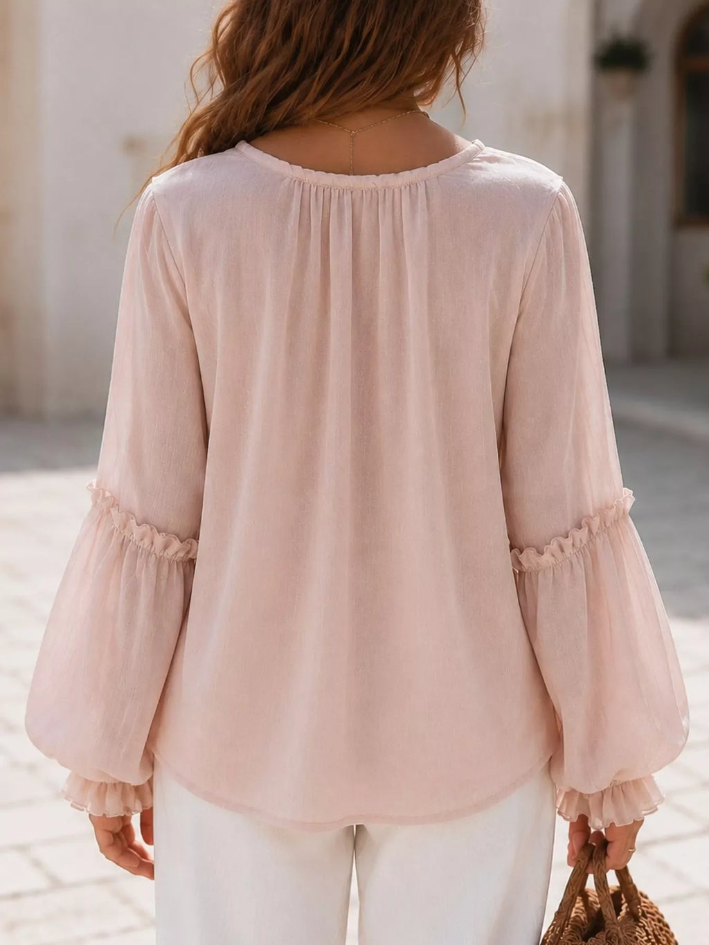 Ruffled Tie Front Flounce Sleeve Blouse