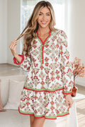 Pink Floral Print Contrast Trim Frilled Neck Long Sleeve Flared Dress