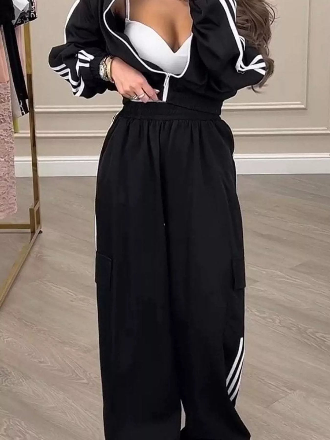 Full Size Side Striped Zip Up Outerwear and Pants Set Plus Size