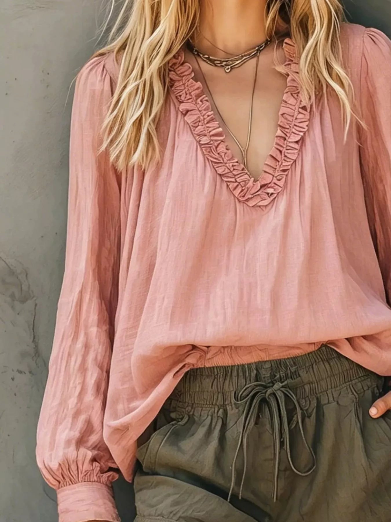 Bohemian Ruffled V-Neck Long Sleeve Blouse