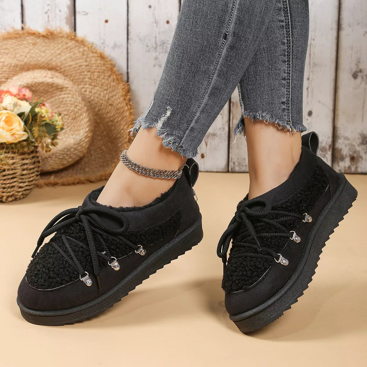 Lace Up Round Toe Platform Ankle Boots