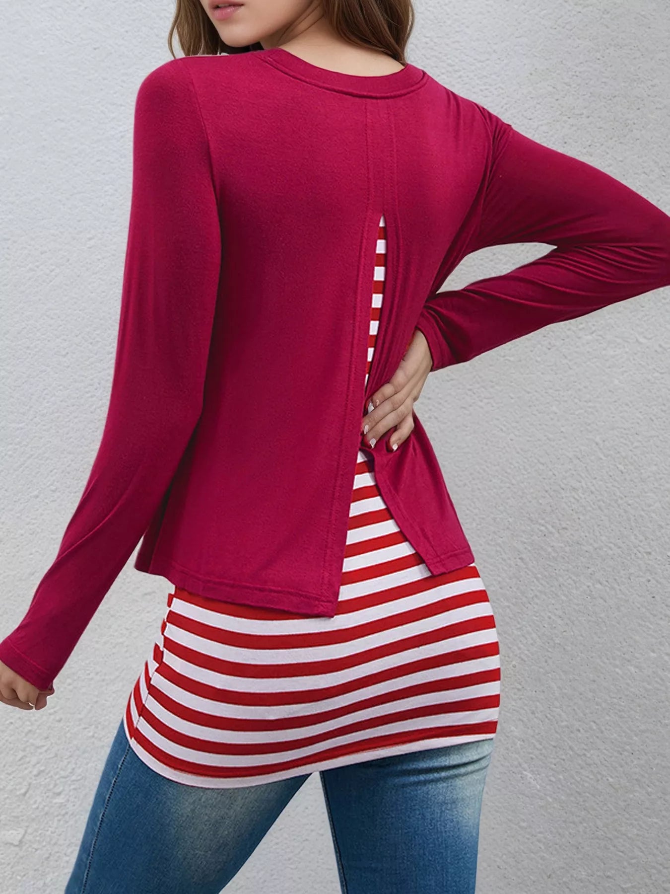 Layered Crew Neck Long Sleeve Striped T-Shirt