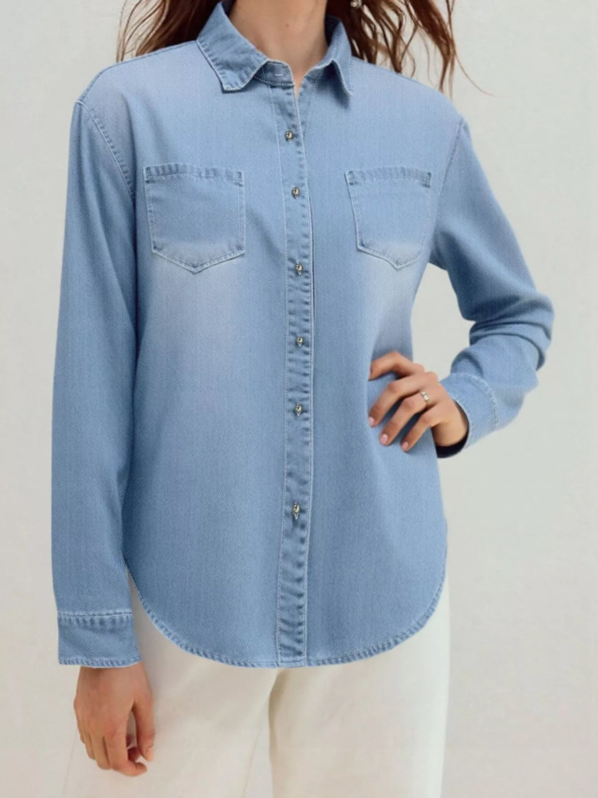 Full Size Button-Up Long Sleeve Denim Shirt Plus Size